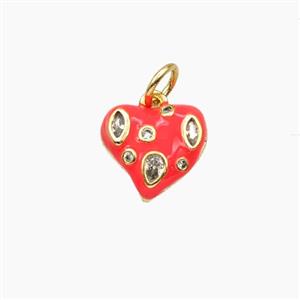 Copper Heart Pendant Pave Zirconia Red Enamel Gold Plated, approx 11mm