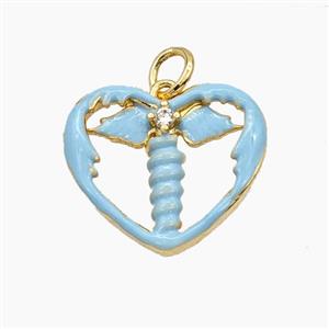 Copper Heart Ange Wings Pendant Pave Zirconia Turqblue Enamel Gold Plated, approx 18mm