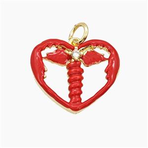 Copper Heart Ange Wings Pendant Pave Zirconia Red Enamel Gold Plated, approx 18mm