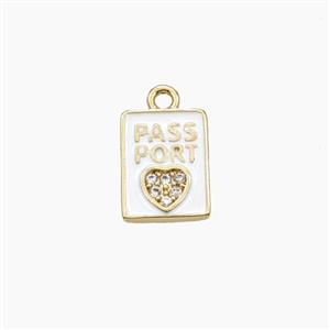 Copper PASSPORT Heart Pendant Pave Zirconia White Enamel Rectangle Travel Gold Plated, approx 8-11mm