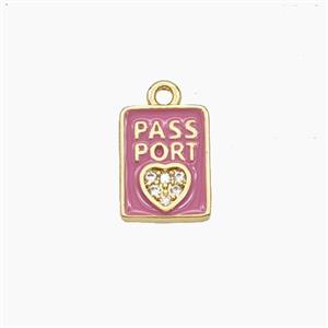 Copper PASSPORT Heart Pendant Pave Zirconia Pink Enamel Rectangle Travel Gold Plated, approx 8-11mm