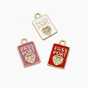Copper PASSPORT Heart Pendant Pave Zirconia Enamel Rectangle Travel Gold Plated Mixed, approx 8-11mm