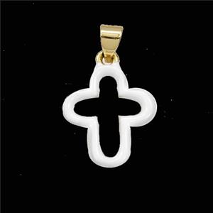 Copper Cross Pendant White Enamel Hollow Gold Plated, approx 14-16mm