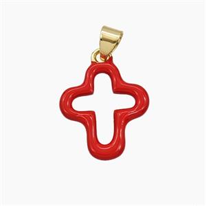 Copper Cross Pendant Red Enamel Hollow Gold Plated, approx 14-16mm