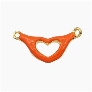 Copper Hand Heart Pendant Orange Enamel 2loops Gold Plated, approx 9-18mm