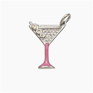 Martini Drink Glass Cup Copper Pendant Pave Zirconia Pink Enamel Platinum Plated, approx 13-17mm