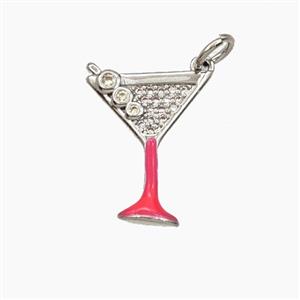 Martini Drink Glass Cup Copper Pendant Pave Zirconia Red Enamel Platinum Plated, approx 13-17mm