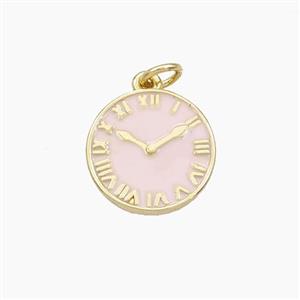 Copper Clock Pendant Pink Enamel Coin Gold Plated, approx 15mm