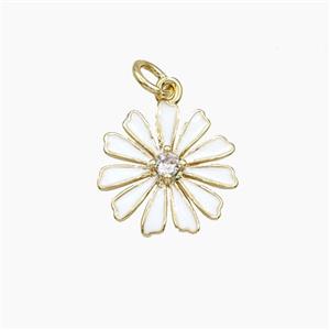 Copper Daisy Flower Pendant Pave Zirconia White Enamel Gold Plated, approx 15mm