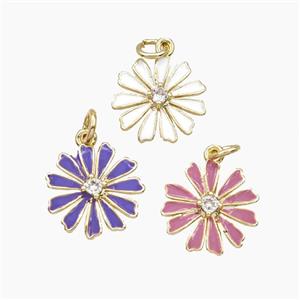 Copper Daisy Flower Pendant Pave Zirconia Enamel Gold Plated Mixed, approx 15mm