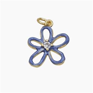 Copper Flower Pendant Pave Zirconia Blue Enamel Gold Plated, approx 15mm