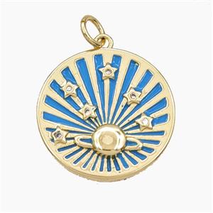 Copper Sun Star Pendant Pave Zirconia Blue Painted Coin Gold Plated, approx 20mm