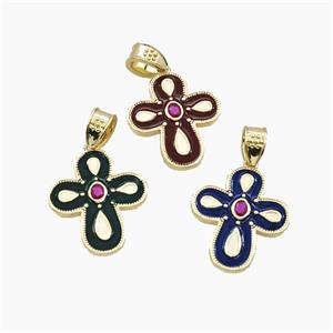 Copper Cross Pendant Pave Zirconia Enamel Gold Plated Mixed, approx 22-25mm