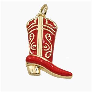 Copper Cowboy Boots Pendant Red Enamel Shoes Gold Plated, approx 14-19mm