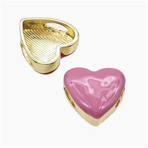 Copper Heart Beads Pink Enamel FlatHole Gold Plated, approx 20mm, 3-9mm hole