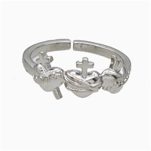 Copper Heart Cross Rings Platinum Plated, approx 8mm, 18mm dia