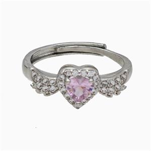 Copper Heart Rings Pave Crystal Glass Adjustable Platinum Plated, approx 8.5-19mm, 18mm dia