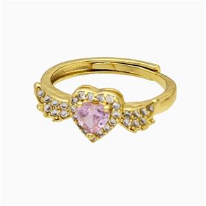 Copper Heart Rings Pave Crystal Glass Adjustable Gold Plated, approx 8.5-19mm, 18mm dia