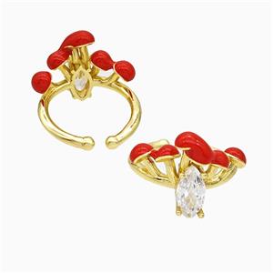Copper Mushroom Rings Pave Zirconia Red Enamel Gold Plated, approx 16-20mm, 18mm dia