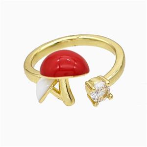 Copper Mushroom Rings Pave Zirconia Red Enamel Gold Plated, approx 4-9mm, 18mm dia
