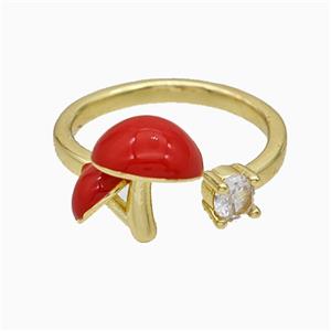 Copper Mushroom Rings Pave Zirconia Red Enamel Gold Plated, approx 4-9mm, 18mm dia