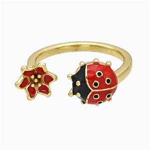 Copper Ladybug Flower Rings Red Enamel Gold Plated, approx 8mm, 10mm, 18mm dia