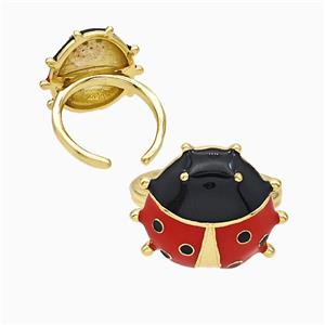 Copper Ladybug Rings Red Enamel Gold Plated, approx 17-20mm, 18mm dia