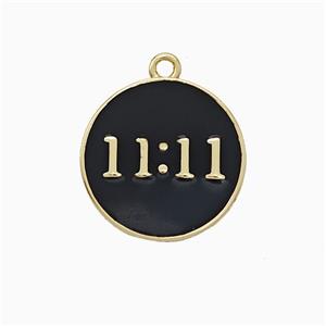 Copper Pendant Double Eleven Number 11 Circle Black Enamel Gold Plated, approx 15mm