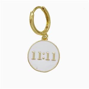 Copper Double Eleven Hoop Earrings Number 11 White Enamel Gold Plated, approx 15mm, 14mm dia