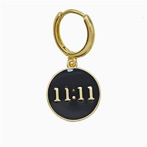 Copper Double Eleven Hoop Earrings Number 11 Black Enamel Gold Plated, approx 15mm, 14mm dia