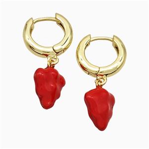 Copper Strawberry Hoop Earrings Red Enamel Gold Plated, approx 11-12mm, 15mm dia