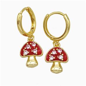 Copper Mushroom Hoop Earrings Pave Zirconia Red Enamel Gold Plated, approx 11-13mm, 14mm dia