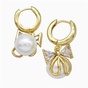 Copper Bowknot Hoop Earrings Pave Pearlized Resin Gold Plated, approx 15mm, 15mm dia