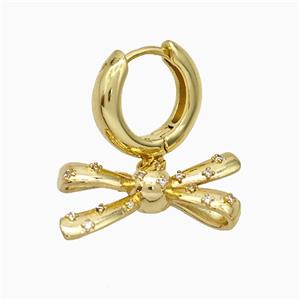 Copper Bowknot Hoop Earrings Pave Zirconia Gold Plated, approx 10-23mm, 15mm dia