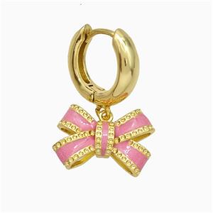 Copper Bowknot Hoop Earrings Pink Enamel Gold Plated, approx 12-17mm, 15mm dia