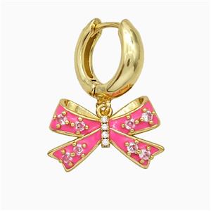Copper Bowknot Hoop Earrings Pave Zirconia Pink Enamel Gold Plated, approx 13-21mm, 15mm dia