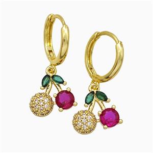 Copper Strawberry Hoop Earrings Pave Zirconia Gold Plated, approx 11-12mm, 14mm dia