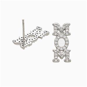 Copper MOM Stud Earrings Pave Zirconia Platinum Plated, approx 8-18mm