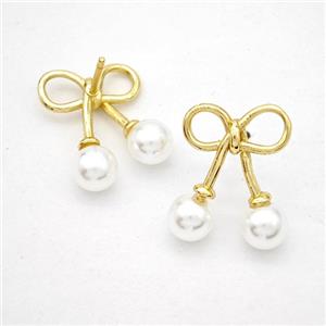 Copper Bowknot Stud Earrings Pave Pearlized Resin old Plated, approx 14-18mm