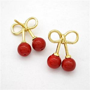 Copper Bowknot Stud Earrings Pave Red Pearlized Resin Gold Plated, approx 14-18mm
