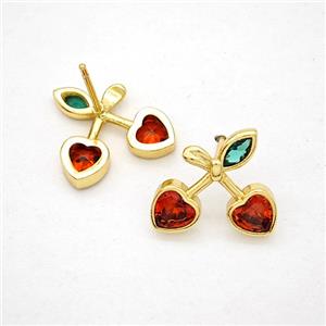 Copper Cherry Stud Earrings Pave Zirconia Gold Plated, approx 14-15mm