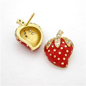 Copper Strawberry Stud Earrings Pave Zirconia Red Enamel Gold Plated, approx 15mm
