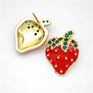 Copper Strawberry Stud Earrings Pave Zirconia Red Enamel Gold Plated, approx 15-20mm