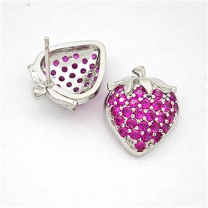 Copper Strawberry Stud Earrings Pave Zirconia Platinum Plated, approx 15-17mm