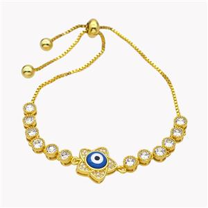Copper Eveil Eye Flower Bracelet Pave Zirconia Adjustable 18K Gold Plated, approx 13mm, 5mm, 24cm length