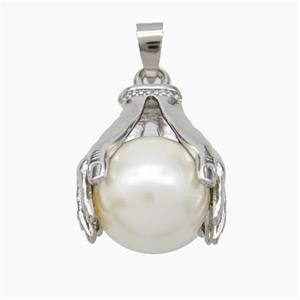 Copper Hand Pendant Pave Pearlized Resin Ball Platinum Plated, approx 16mm, 20-25mm