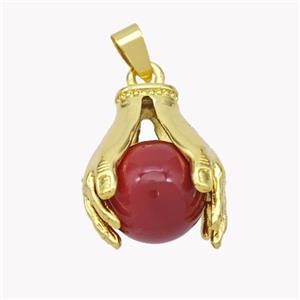 Copper Hand Pendant Pave Pearlized Resin Ball Red Gold Plated, approx 13mm, 20-25mm