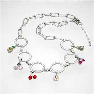 Copper Necklace With Cherry Pave Zirconia Red Enamel Platinum Plated, approx 6-11mm, 20mm, 44-49cm length