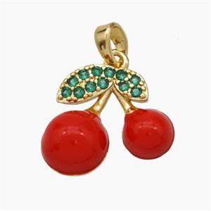 Copper Cherry Pendant Pave Zirconia Red Enamel Gold Plated, approx 13-18mm
