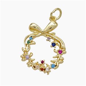 Christmas Wreath Charms Copper Pendant Pave Zirconia Gold Plated, approx 17-20mm